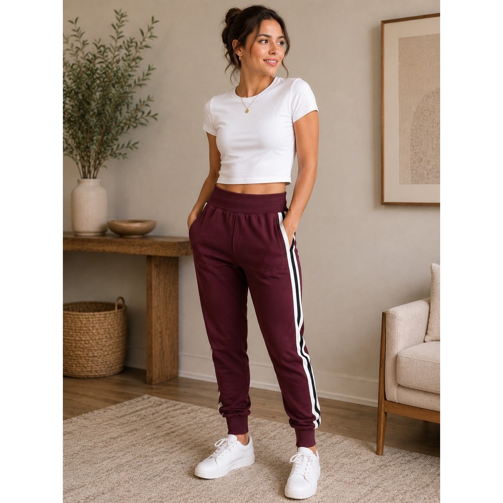 Athleta Venice Side Stripe Jogger Burgundy Ribbed Athletic Pants Women's S